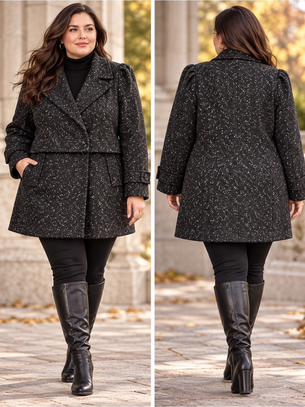 Vintage Black White Speckled Wool Blend Coat Jacket Red Lining Size 15/16